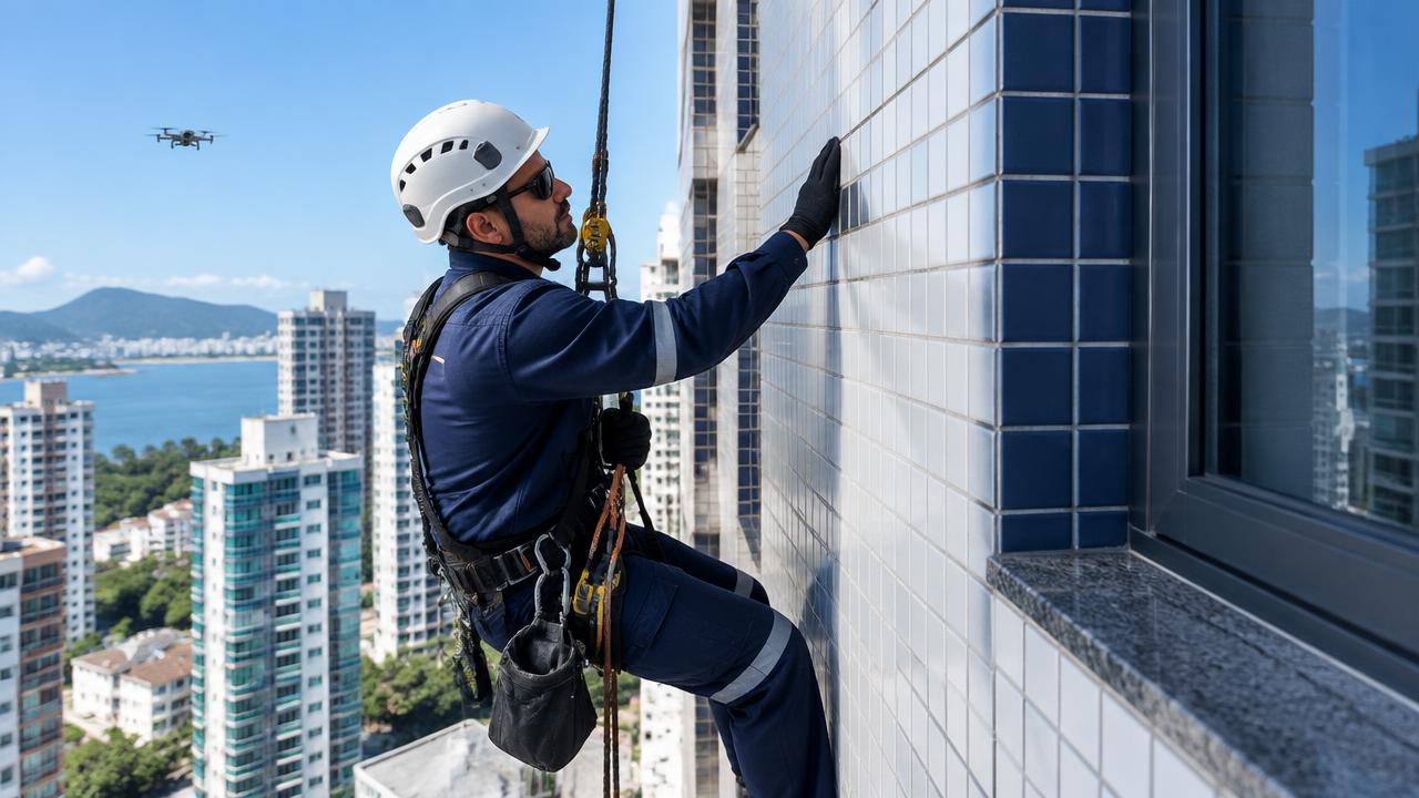Engenheiro em inspeção técnica de fachada predial pastilhada